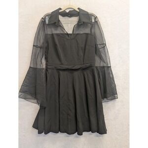 Women's Black Mesh Bell‎ Sleeve Dress Sheer Collar V Neck Fit Flare Size L